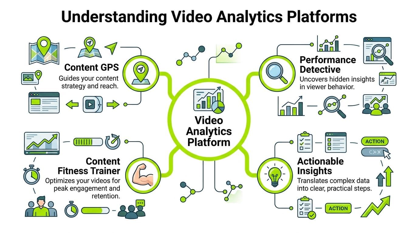 A diagram illustrating the four key components of a video analytics platform for optimizing content strategy.