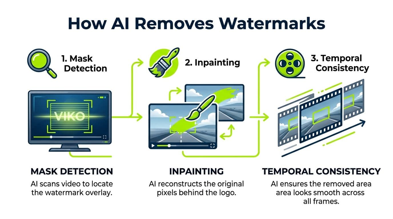 A diagram illustrating how AI technology removes watermarks from videos through three specific processing steps.