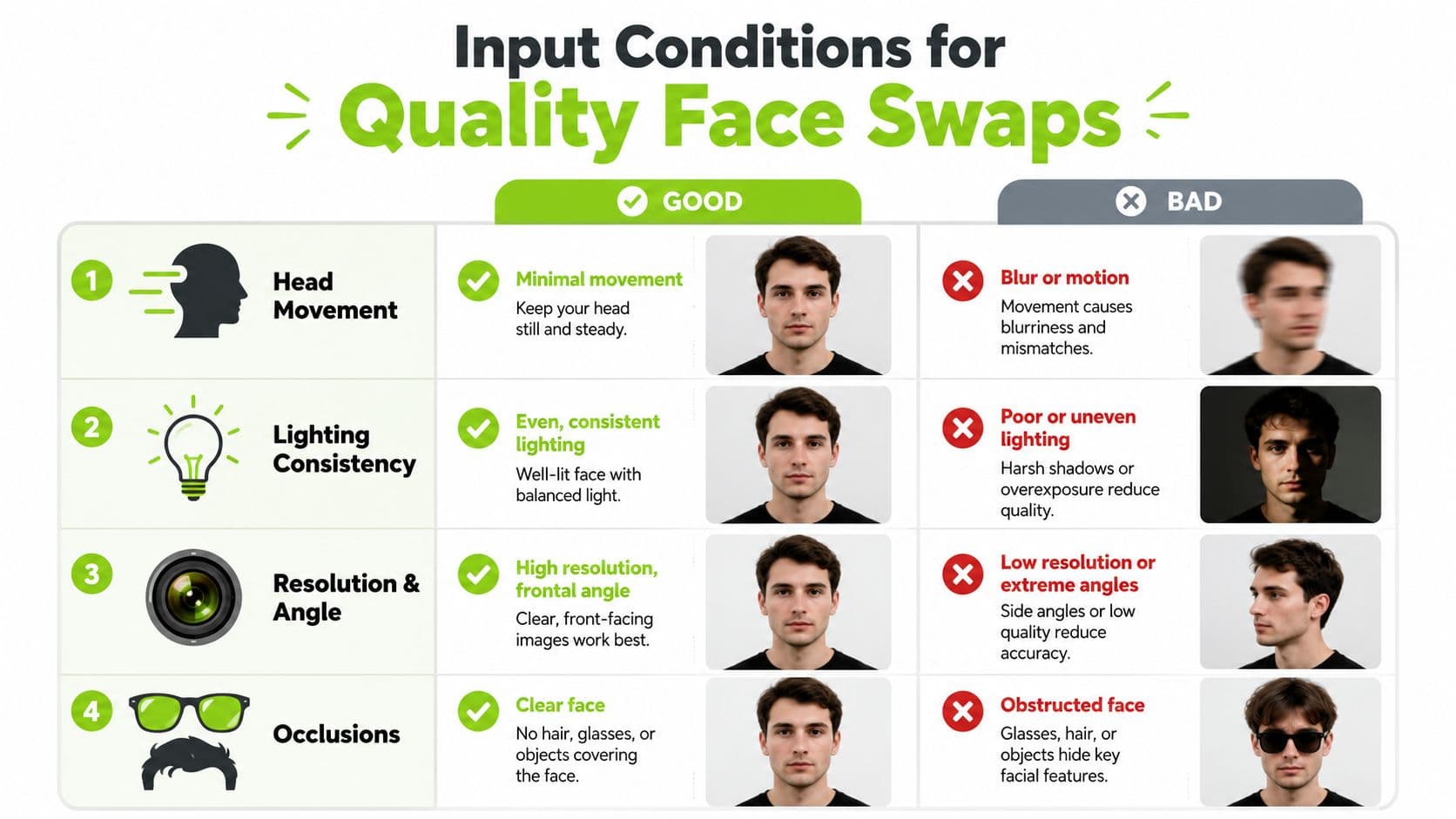 An infographic detailing good and bad input conditions for achieving high quality AI face swap results.