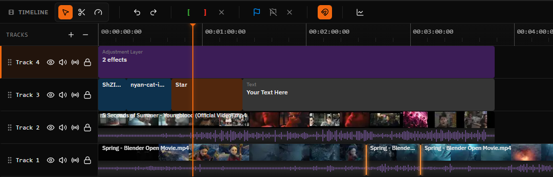 Satura browser video editor with clips arranged on a multi-track timeline